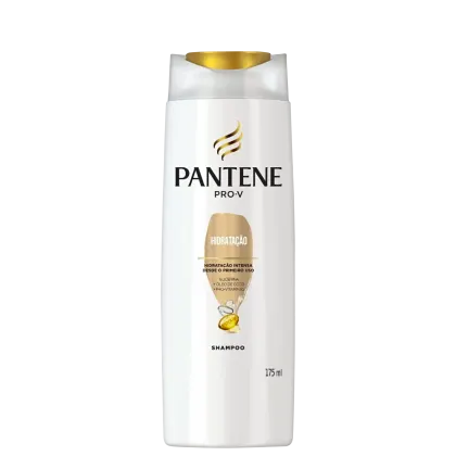 Frasco branco de shampoo Pantene Pro-V com rótulo dourado e preto, destacando a hidratação intensa desde o primeiro uso e contendo 175 ml do produto.
