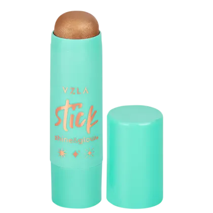 Bastão iluminador da marca Vizzela Cosméticos, em embalagem de plástico na cor verde menta, com rótulo destacando o nome "Stick" e os efeitos "shine & glow".