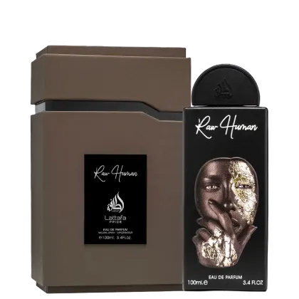 Perfume da marca Lattafa Perfumes, com embalagem preta e dourada, contendo frasco de 100ml e caixa de papelão marrom. O rótulo exibe o nome "Rawr Human" em letras brancas sobre fundo preto, com uma imagem dourada do rosto de uma pessoa.