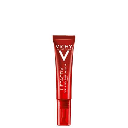 Tubo vermelho com o logotipo da Vichy e o texto "Liftactiv Collagen Specialist Olhos em letra branca.