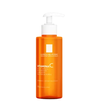 Frasco de gel de limpeza antioxidante Vitamina C da marca La Roche-Posay, com bomba doseadora branca e corpo laranja, contendo 120g do produto.
