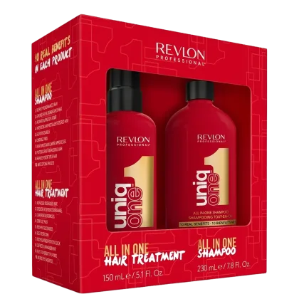 Caixa vermelha com dois frascos de shampoo e tratamento capilar da marca Revlon Professional, com rótulos em vermelho e branco indicando "All in One Shampoo" e "All in One Hair Treatment".