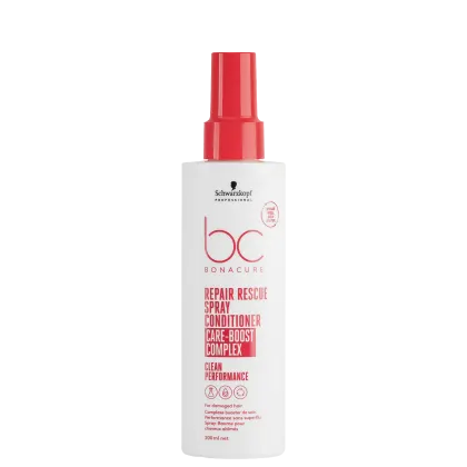 Frasco branco com rótulo da marca Schwarzkopf Professional BC Bonacure Repair Rescue, contendo um spray condicionador de 200ml