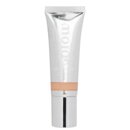 Tubo de creme cosmético branco com rótulo "Ruby" em fundo preto. Embalagem cilíndrica com tampa, provavelmente um produto de cuidados com a pele ou maquiagem.