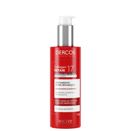 Frasco de tratamento capilar Dercos Collagen Repair 17 da Vichy, com embalagem vermelha e prata, contendo 150g do produto. O rótulo destaca os peptídeos pró-colágeno e o tratamento de ultra reparação para todos os tipos de cabelos danificados.