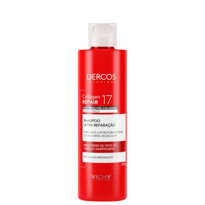 Frasco vermelho com rótulo branco da marca Dercos Technique, contendo Shampoo Ultra Reparação com Colágeno 17 e Ácido Cítrico, da Vichy, para cabelos danificados.