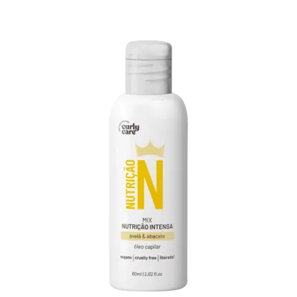 Produto de cuidados capilares Nutricao N da marca Curly Care. Frasco plástico branco opaco com tampa da mesma cor. Rótulo frontal com texto em amarelo e preto, destacando "Nutricao N" e "Mix Nutricao Intensa avela & abacate".