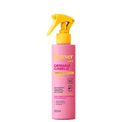 Frasco rosa com rótulo amarelo e laranja da marca Forever Liss, contendo um spray multifuncional para cabelos ressecados e desidratados, com silicones nobres, ácido hialurônico e D-pantenol.