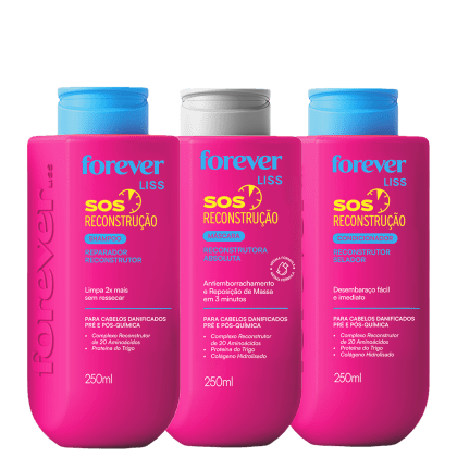 Três frascos de produtos de beleza da marca Forever Liss, em embalagens rosa com detalhes azuis, contendo shampoo, máscara e condicionador reconstrutor para cabelos danificados.