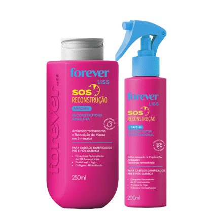 Dois produtos da linha Forever Liss: uma máscara reconstrutora de cabelos em embalagem rosa e um leave-in reconstrutor em embalagem rosa e azul, ambos com rótulos indicando a função "SOS Reconstrução".