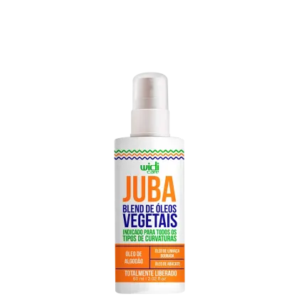 Frasco plástico branco com tampa branca fosca. Rótulo com detalhes em verde, laranja e azul. Texto indicando que é um blend de óleos de algodão, linhaça dourada e abacate, indicado para todos os tipos de curvaturas. Informações sobre o volume de 60ml.