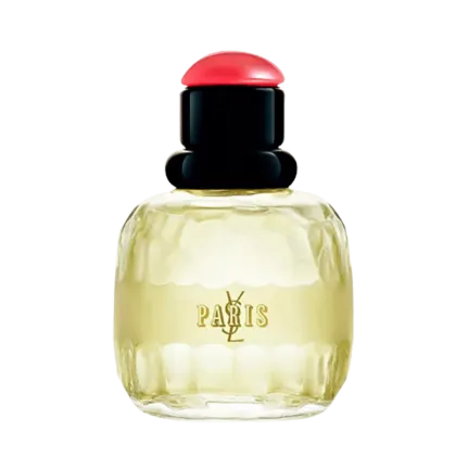 Frasco de perfume Yves Saint Laurent Paris com tampa vermelha redonda e corpo preto, contendo um líquido amarelado. O rótulo em dourado destaca o nome da marca e da cidade de Paris.