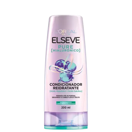 Frasco de condicionador reidratante da linha Elseve Pure Hialurônico, com 200 ml de volume. Embalagem rosa com detalhes em azul e verde, destacando os ingredientes ácido hialurônico e ácido salicílico.