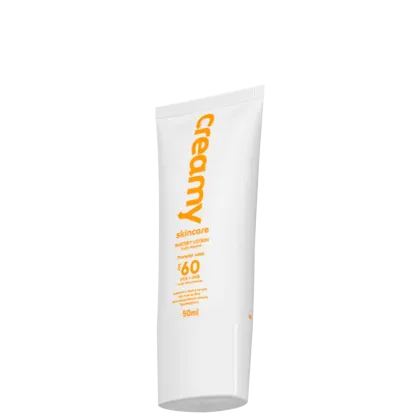 Tubo branco de protetor solar Creamy com logotipo laranja e informações sobre fator de proteção 60. Embalagem de 50ml com design simples e minimalista.