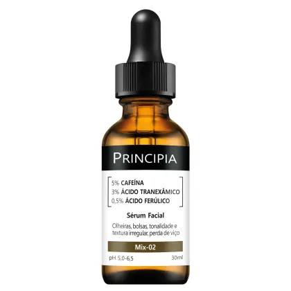 Frasco de soro facial da marca Principia, com 30ml de volume, contendo 5% de cafeína, 3% de ácido tranexâmico e 0,5% de ácido ferúlico. Rótulo preto e laranja destaca os principais ingredientes e benefícios do produto.