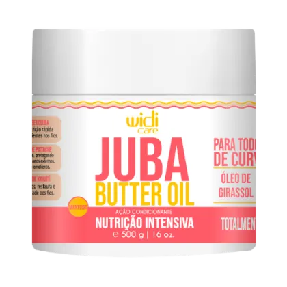 Manteiga de óleo de karité (butter oil) embalada em um pote plástico branco com detalhes em vermelho e amarelo. A embalagem tem formato cilíndrico e contém 500g. O rótulo destaca que é um tratamento nutritivo intensivo à base de óleo de girassol.