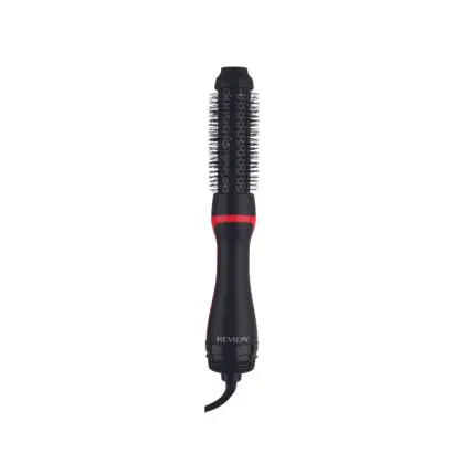 Escova de cabelo elétrica da Revlon, com corpo preto e detalhes vermelhos, com cerdas de diferentes tamanhos para modelagem e volume dos cabelos.