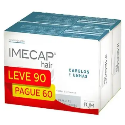 Caixa branca com rótulo "Imecap hair" em vermelho e azul, contendo cápsulas para cabelos e unhas. Promoção "Leve 90, pague 60" destacada na embalagem.