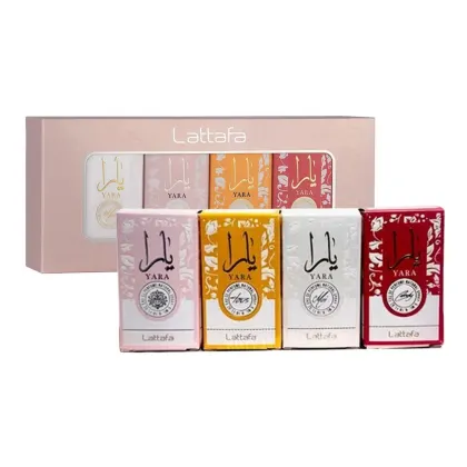 Caixa de presente da marca Lattafa Perfumes contendo quatro fragrâncias da linha Yara, em embalagens retangulares com rótulos em cores suaves de rosa, amarelo e vermelho, exibindo o nome da marca e da fragrância.