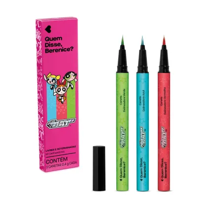 Caixa rosa com ilustrações das Meninas Superpoderosas contendo três canetas delineadoras coloridas da marca Meninas Superpoderosas Quem Disse, Berenice? em verde, azul e rosa, com rótulos indicando diferentes tonalidades.
