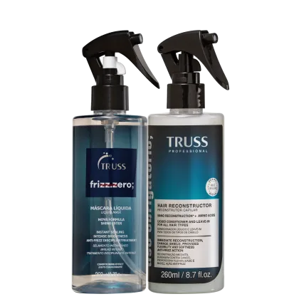 Dois produtos da marca TRUSS: Máscara Líquida Frizz Zer, um frasco transparente com um líquido azul-esverdeado e o spray Uso Obrigatório com embalagem azul com detalhes em preto e prata.