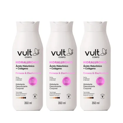 Três frascos brancos da linha Hidraluronic da marca Vult Corpo, contendo 350 ml cada. Os frascos apresentam o logo da marca e informações sobre os ingredientes e benefícios do produto, como firmeza e elasticidade.