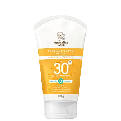 Embalagem em bisnaga na cor branca com rótulo amarelo. 120g. Texto de descrição informa textura ultraleve, fps 30 e toque seco.