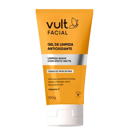 Gel de limpeza facial antioxidante Vult. Embalagem plástica amarela com detalhes em branco. Rótulo com o nome do produto "Gel de Limpeza Antioxidante" e informações adicionais como "Limpeza suave com efeito matte" e "Todos os tipos de pele". Contém 150g.
