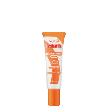 Produto de hidratação labial da marca Vult, linha Fruittella. Embalagem tubular com tampa protetora. Rótulo indicando sabor fruit mix e cheirinho de bala. Contém 8ml.
