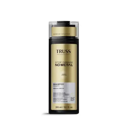 Frasco de shampoo da marca Truss Professional, com design em preto e dourado, contendo a inscrição "Stop Damage No Metal" e "Rescue Complex" na embalagem.