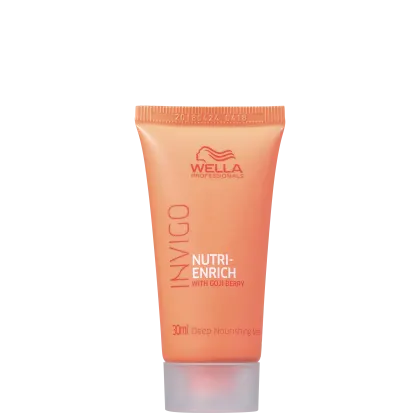 Tubo de tratamento capilar Wella Professionals Nutri-Enrich com Goji Berry, embalagem laranja com logotipo da marca e informações do produto, contém 30ml de produto.