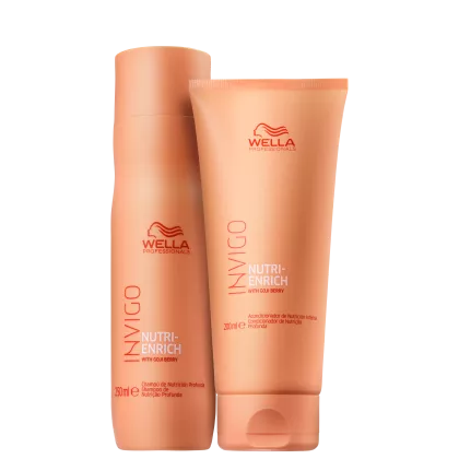 Dois produtos da linha Wella Professionals Invigo Nutri-Enrich, com embalagens em tons de laranja, contendo shampoo e condicionador de nutrição profunda com extrato de goji berry.