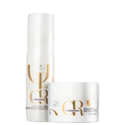 Dois produtos da linha Wella Professionals Oil Reflections: um frasco de shampoo luminoso e uma embalagem de máscara sublimadora, ambos com design minimalista em branco e dourado.
