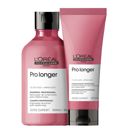 Dois produtos da linha L'Oréal Professionnel Paris: um frasco de shampoo Pro Longer de 300ml e um tubo de condicionador Pro Longer de 200ml, ambos em embalagens rosa com detalhes pretos e textos em inglês e português.