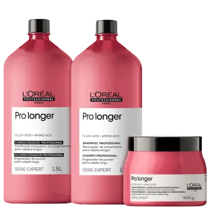 Dois frascos de shampoo e condicionador da linha Pro Longer da L'Oréal Professionnel, com embalagens em tom de rosa, e um pote de tratamento condicionante da mesma linha, com textos e rótulos em português.