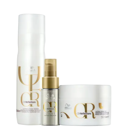 Produtos da linha Wella Professionals Oil Reflections, incluindo um frasco de shampoo, um frasco de óleo e um pote de máscara, com embalagens brancas e detalhes dourados.