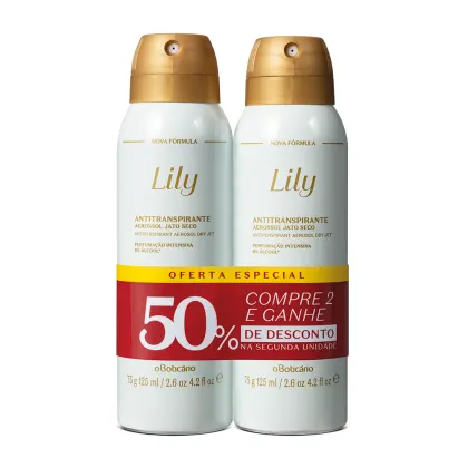 A imagem mostra dois frascos de antitranspirante aerossol seco da marca Lily. Os frascos são brancos com detalhes na cor dourada. Há uma oferta especial destacada, onde ao comprar 2 unidades, o cliente ganha 50% de desconto na segunda unidade.