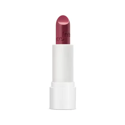 A imagem mostra um batom em um estojo branco. O batom possui uma barra de cor rosa vinho. O design é simples e minimalista.