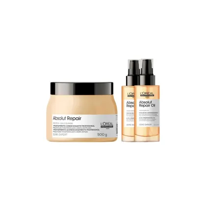 Conjunto de produtos L'Oréal Professionnel, incluindo um pote de tratamento capilar Absolut Repair de 500g e dois frascos de óleo reparador Absolut Repair Oil em embalagens pretas e laranja.