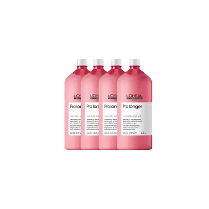 Quatro frascos rosa da linha Pro Longer da L'Oréal Professionnel, um shampoo profissional para cabelos longos, com rótulos indicando a composição e finalidade do produto.