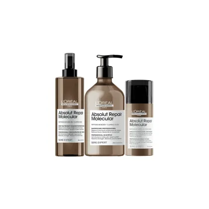 Três produtos da linha Absolut Repair Molecular da L'Oréal Professionnel: um frasco com bomba, um frasco com tampa e um tubo. Embalagens em tons de marrom e preto, com rótulos indicando os benefícios do tratamento capilar.