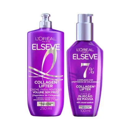 Dois frascos de produtos Elseve da L'Oréal Paris Collagen Lifter, um creme para pentear com colágeno e outro leave-in com injeção de massa, ambos em embalagens roxas com detalhes dourados.