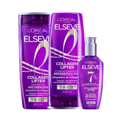 Produtos da linha Elseve da L'Oreal Paris, incluindo shampoo, condicionador e leave-in, com embalagens em tons de roxo e branco. Destaque para a tecnologia Collagen Lifter, que promete cabelos visivelmente mais encorpados.