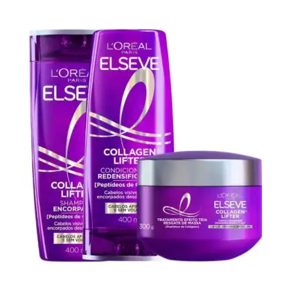 Produtos da linha Elseve da L'Oréal Paris, incluindo shampoo e tratamento capilar com colágeno em embalagens roxas e brancas. Os rótulos destacam o nome da linha "Collagen Lifter"