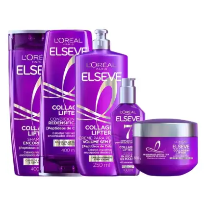 Produtos da linha Elseve da L'Oreal Paris, incluindo shampoo, condicionador, creme para pentear e tratamento de cabelo da linha Collagen® Lifter