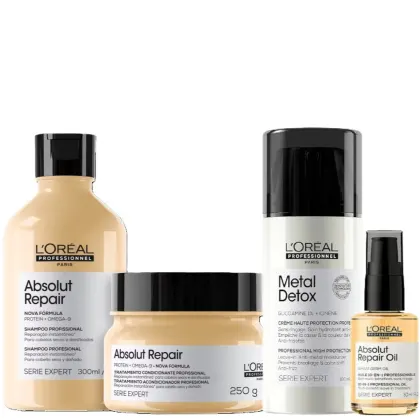 Produtos da linha L'Oréal Professionnel: shampoo Absolut Repair, máscara Absolut Repair, óleo Absolut Repair Oil e leave-in Metal Detox, em embalagens pretas e douradas com rótulos e textos em inglês.