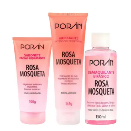 Imagem do produto Kit Clareador Rosa Mosqueta Poran Sabonete 100ml, Hidratante 145g e Demaquilante Bifásico 150ml