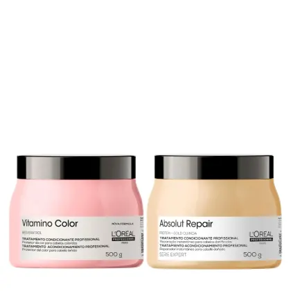 Dois frascos de tratamento capilar da linha L'Oréal Professionnel: um rosa com o rótulo "Vitamino Color" e outro amarelo com o rótulo "Absolut Repair", ambos com tampas pretas e contendo 500g do produto.