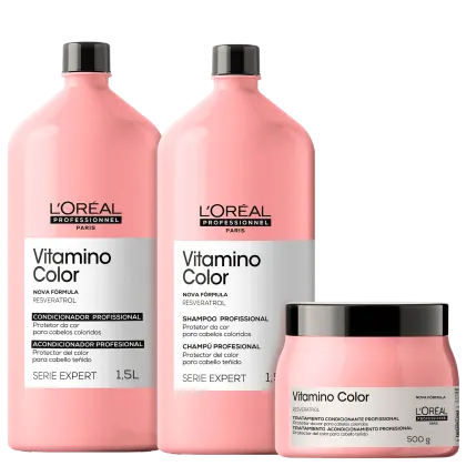 Kit L'Oréal Professionnel Serie Expert Vitamino Color Salon Trio com shampoo, condicionador e máscara capilar.