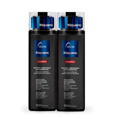 Kit com shampoo e condicionador Frizz Zero, da marca TRUSS
